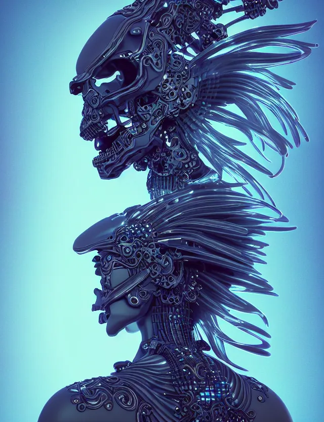 Image similar to 3 d goddess close - up profile simple portrait cybernetic with skull. beautiful intricately detailed japanese crow kitsune mask and clasical japanese kimono. betta fish, jellyfish phoenix, bio luminescent, plasma, ice, water, wind, creature, artwork by tooth wu and wlop and beeple and greg rutkowski