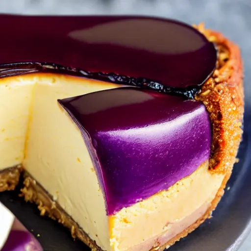 Prompt: close view of a delicious sweet and perfect eggplant cheesecake piece, award winning, 4 k, beautiful