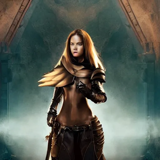 Image similar to a beautiful unexperienced female rogue in a light leather armor who only came to see a dragon, symmetrical, cinematic, real photography