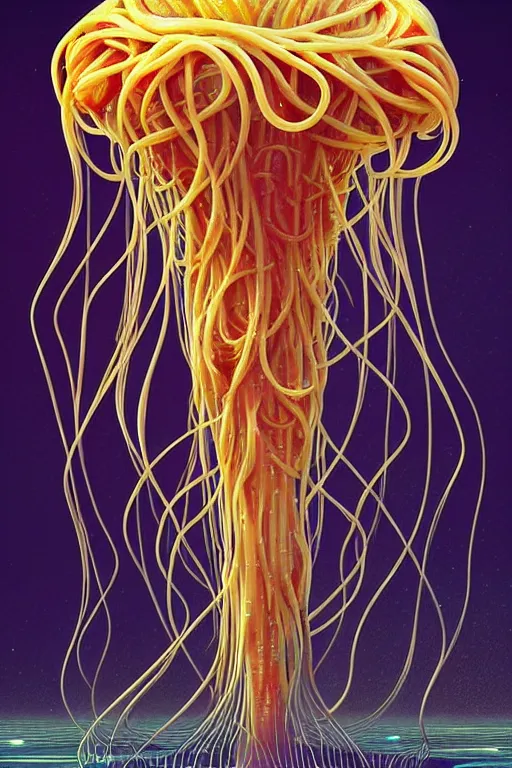 Image similar to beautiful spaghetti jellyfish, ethereal art deco, fantasy, intricate art deco pasta designs, elegant, highly detailed fractals, sharp focus, art by artgerm and beeple and greg rutkowski and wlop