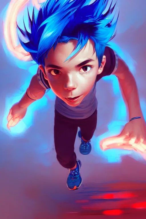 Prompt: clear portrait of adventurous boy with blue hair, slightly spikey hair, red running shoes, fast runner, background hyper detailed, character concept, full body, dynamic pose, glowing lights!! intricate, elegant, highly detailed, digital painting, artstation, concept art, smooth, sharp focus, illustration, art by artgerm and greg rutkowski and alphonse mucha