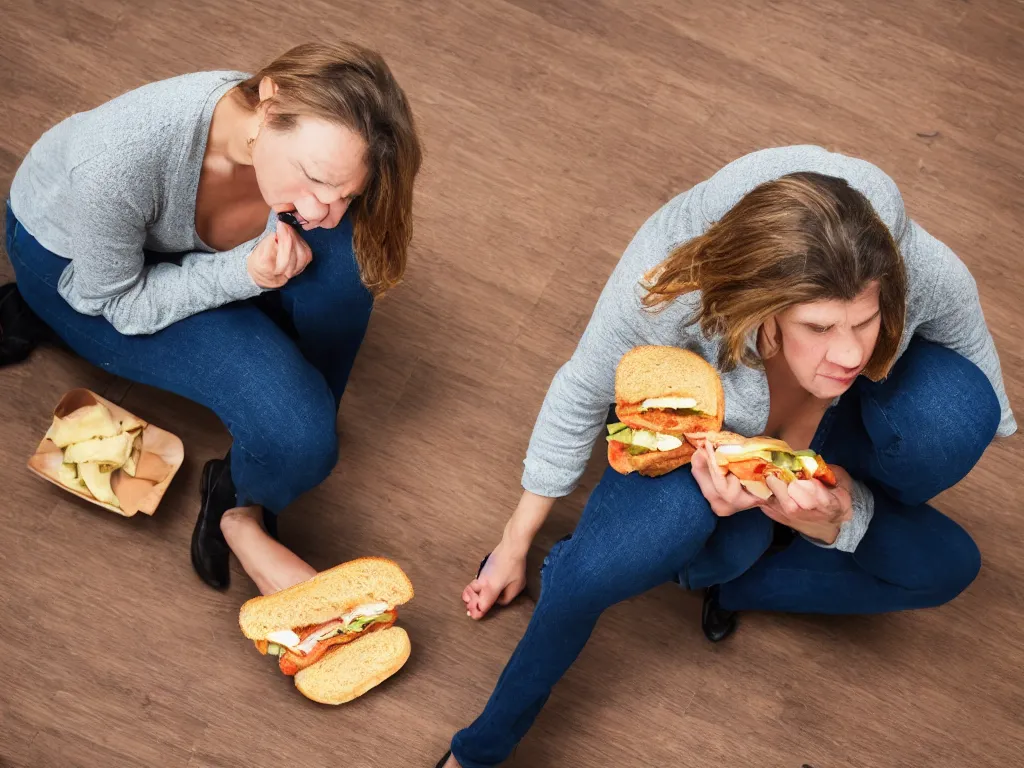 Prompt: woman very upset that she dropped her sandwich on the floor, High Definition detail, 8K, photography