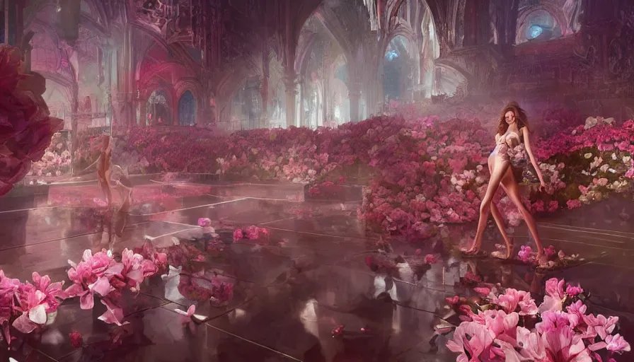 Image similar to victoria secret runway show, light, shadows, reflections, flowers, epic composition, intricate, elegant, volumetric lighting, digital painting, highly detailed, artstation, sharp focus, illustration, concept art, ruan jia, steve mccurry, artgerm and mina petrovic and timothy kong and marina federovna