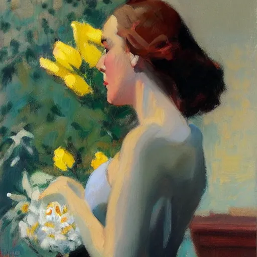 Image similar to flowers and lady, hopper, ben aronson 1950