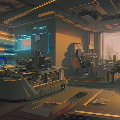 Image similar to the main office of the time saving bank, cyber punk, retro machinery, futuristic hi-tech details, art by anthony macbain + greg rutkowski + jean giraud, concept art, 4k, sharp focus, cinematic render unreal engine