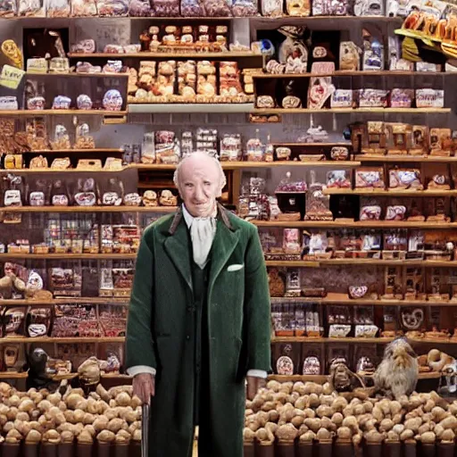 Image similar to a movie still of grandpa joe from willy wonka, posing in front of a lifetime supply of chocolate, dynamic lighting, 8 k, 2 0 2 2 picture of the year