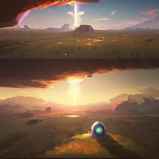 Prompt: landscape painting of a spaceship crashed into a foreign planet. clean sharp digital art, environment concept art, by rossdraws, ghibli, breath of the wild, greg rutkowski