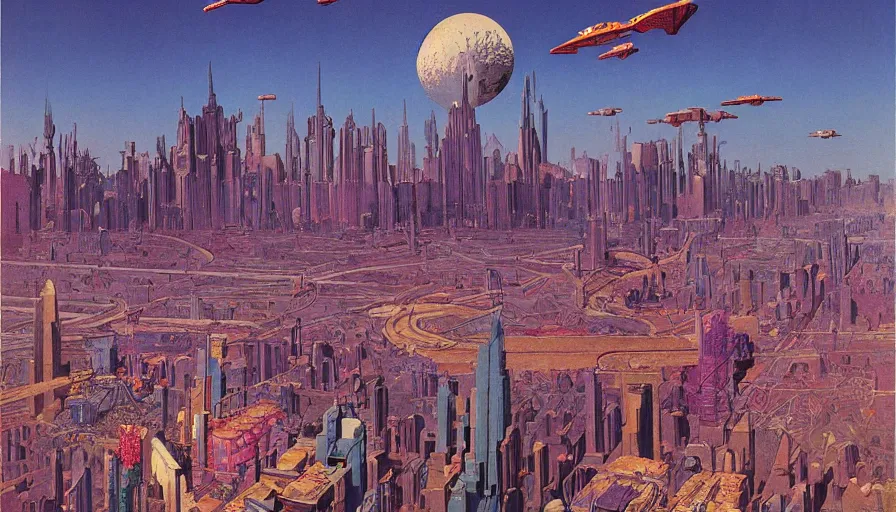 Image similar to a sprawling metropolis with flying cars, by roger dean, by dean ellis, by Jean Giraud, by Moebius, highly detailed, soft lighting, oil on canvas