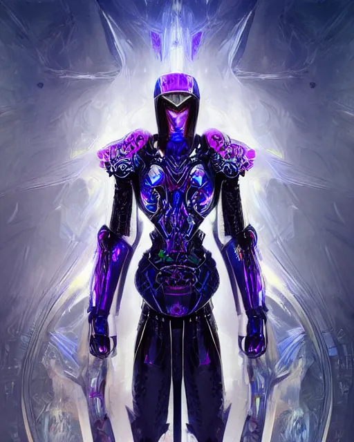 Prompt: the omnipotent assassin, vivid award winning digital artwork, intricate black sharp iridescent hooded semi - cybernetic armour, beautiful iridescent colors technology and weapon, long symmetric spikes, glowing face, detailed realistic, specular colors, ornate colored gems, character art by greg rutkowski and wlop and artgerm