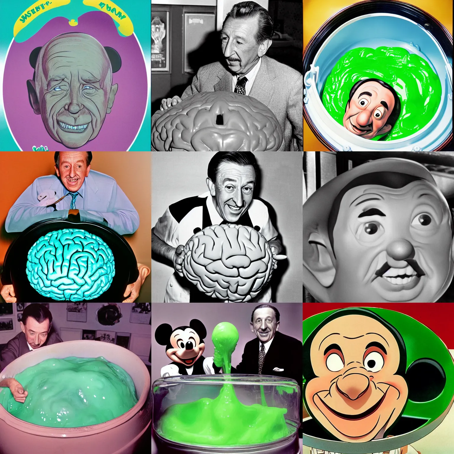 Prompt: Walt Disney's brain in a vat of slime