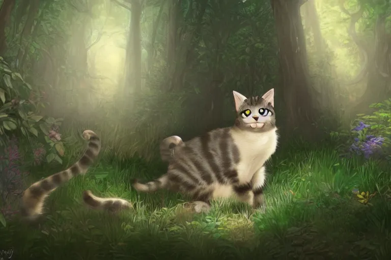 Prompt: a cat in a forest, highly detailed, digital art, trending on artstation, backlighting, by kawacy, by wayne mclouglin, by don bluth, fan art