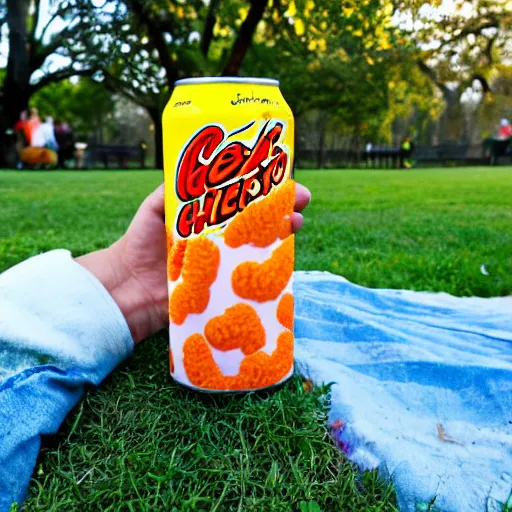 Image similar to a can of cheetos soda at a picnic in the park