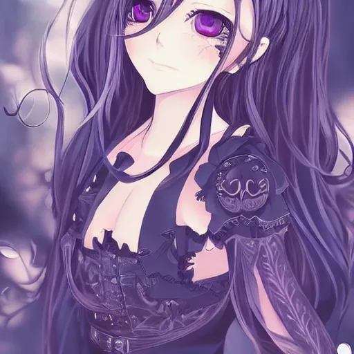 Image similar to beautiful illustration of anime maid, stunning and rich detail, pretty face and eyes. Gothic style, clear and perfect anatomy. Full-body shot from the side, Pixiv popular