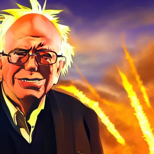 Image similar to portrait of Bernie Sanders from dragon ball z with glowing golden aura flying over a desert field, super saiyan 3, yellow spiky hair, high quality photo