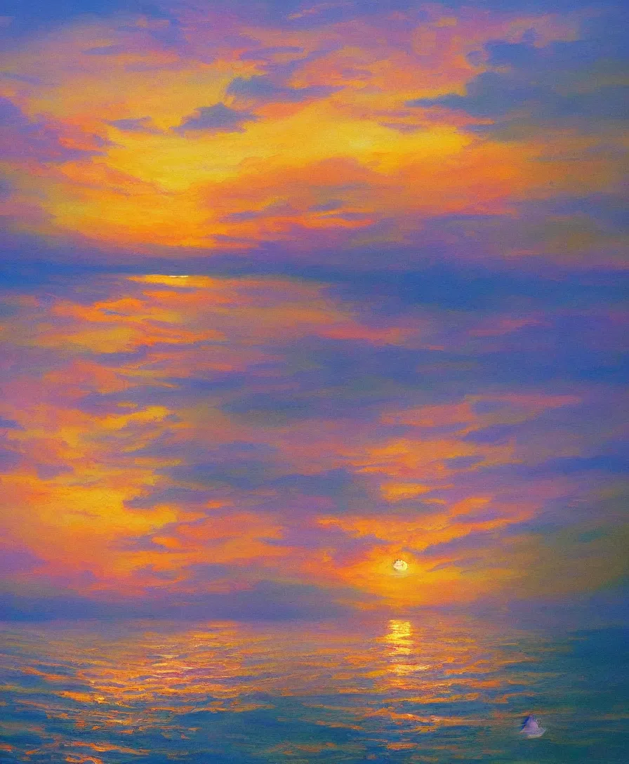 Image similar to dreamlike painting of a paradise island, sunset