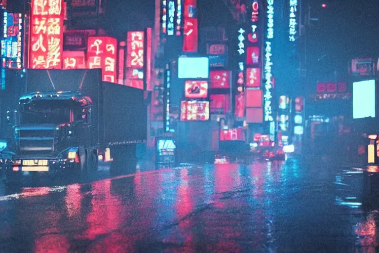 Prompt: a single semi truck, dekotora, speeding down tokyo highway in the rain, night time, neon lights, thunderstorm, movie still from the film bladerunner