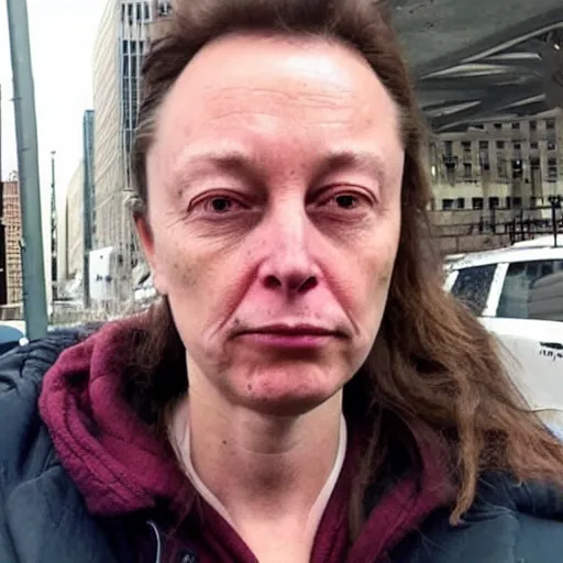 Image similar to this homeless woman looks like elon musk if he was poor asf, accidentally taking a selfie, front camera, camera flash is so bright in his face, viral, selfie, viral on twitter, viral on instagram, viral photo