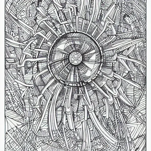 Image similar to Simplistic coloring book of a turbine blueprint, black ball pen on white paper, by Josan Gonzalez and Geof Darrow