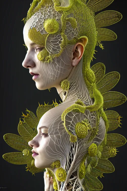 Image similar to complex intricate hyper detailed ultra sharp 3 d render of a beautiful porcelain biomechanical woman medium shot portrait, floodlight, large pore fractal fungi embroidered, cyberpunk art nouveau, haute couture alexander mcqueen leaves stems dahlia transparent fractal crystalline dandelion yellow pistil filigree roots, intricate details, octane render, volumetric cinematic lighting, 8 k,