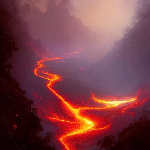 Prompt: A river of lava flowing through the amazon jungle, anato finnstark, james gurney, greg rutkowski, john howe, artstation, dramatic