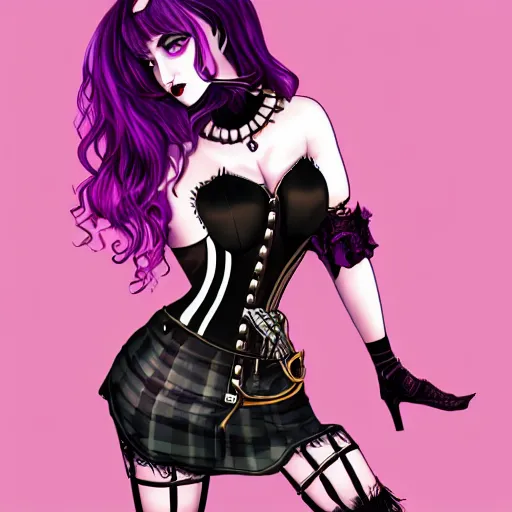 Image similar to full body art of a pretty woman, purple hair, black corset, tartan skirt, black gloves, black lipstick, digital art, fantasy art, 4k,