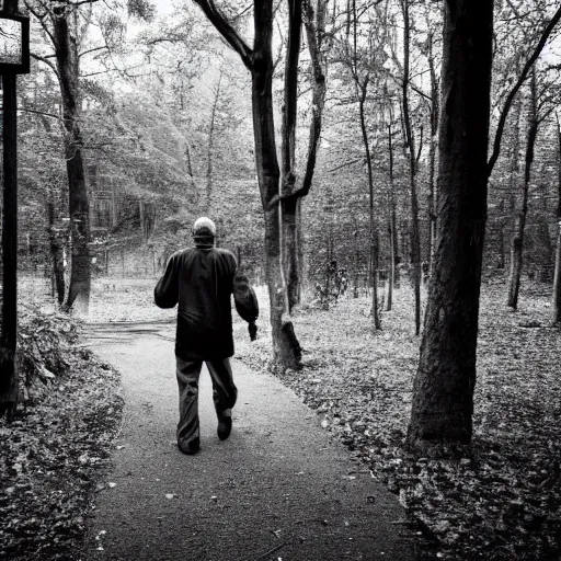 Image similar to old black man walking in woods at night, security camera footage, cctv, black and white,