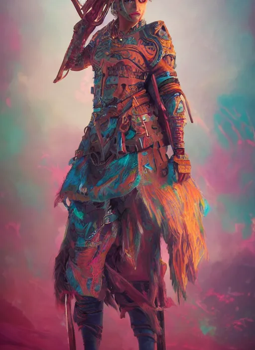 Prompt: detailed full body concept colorful pastel painting of a female road warrior in intricate clothing, cinematic lighting, hyperdetailed, 8k, high resolution, insanely detailed and intricate, octane render