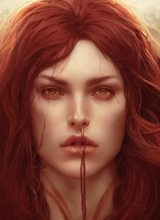 Image similar to vertical portrait of a ruggedly handsome female cleric, soft hair, close - up face, leather, witchy, d & d, fantasy, intricate, elegant, highly detailed, digital painting, artstation, concept art, smooth, sharp focus, illustration, art by artgerm and greg rutkowski and alphonse mucha, plain red background