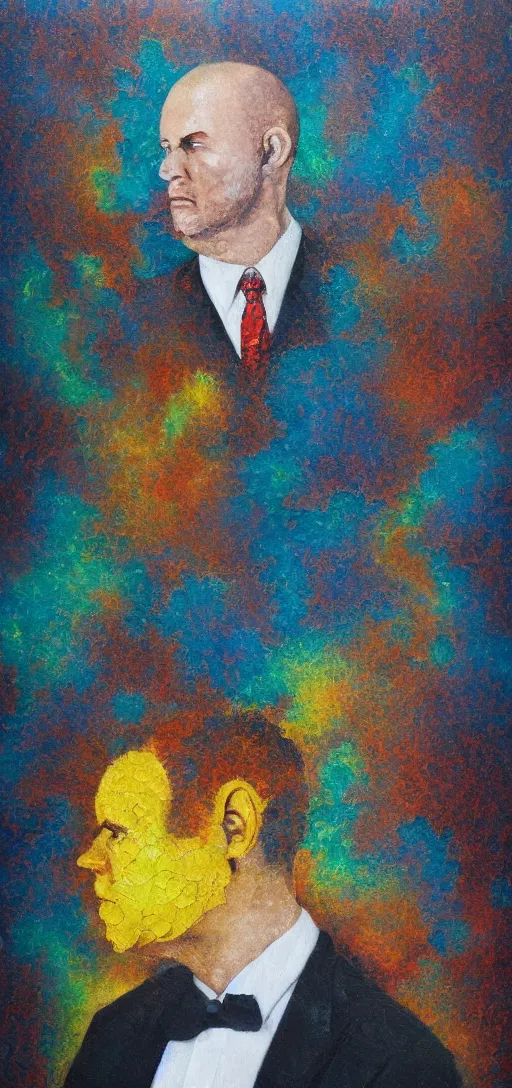 Image similar to oil painting of man in suit with mandelbrot fractal as head