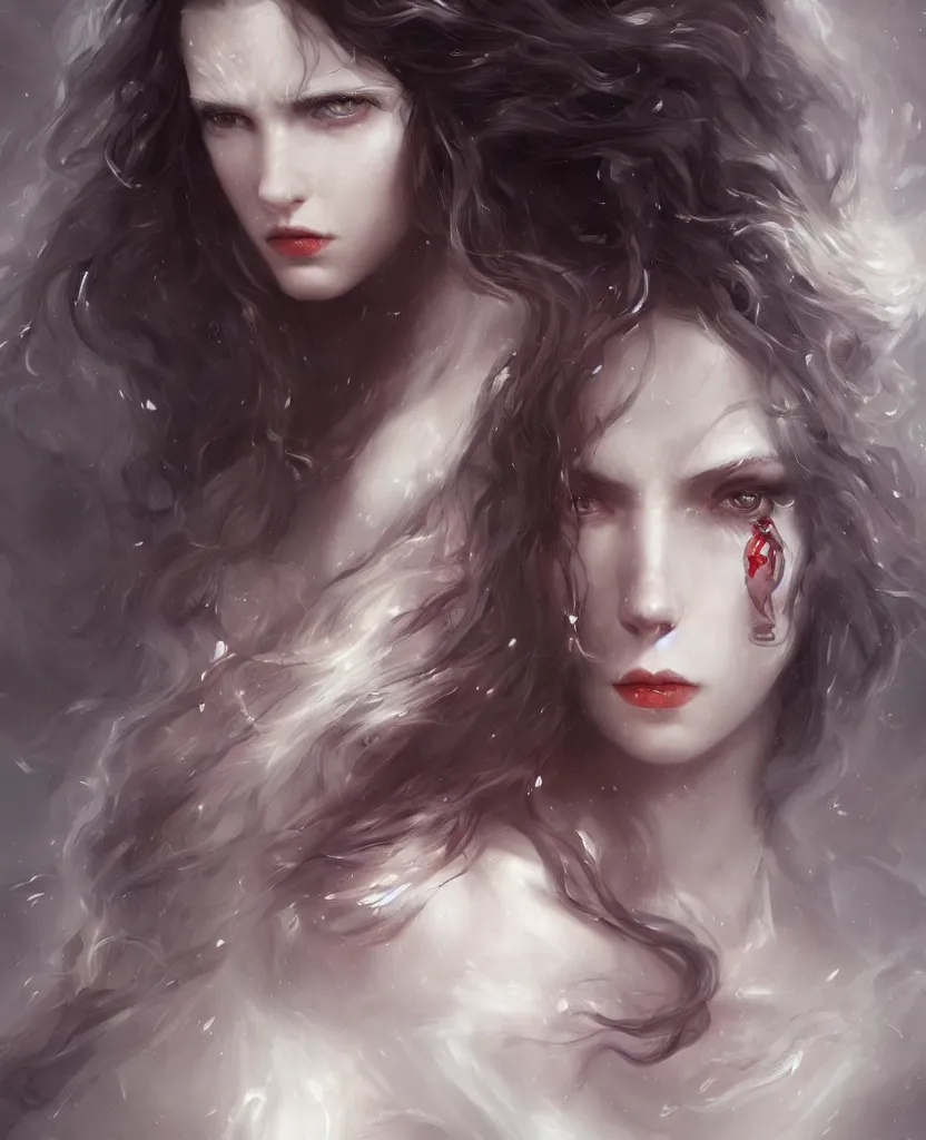 Image similar to a portrait of a ice queen with long dark curly hair and red eyes, stoic, pale skin, alone dramatic, epic painting, painted by artgerm and wlop, cgsociety, beautiful, artbreeder, artstation, octane render, sharpness, 8 k, golden ratio