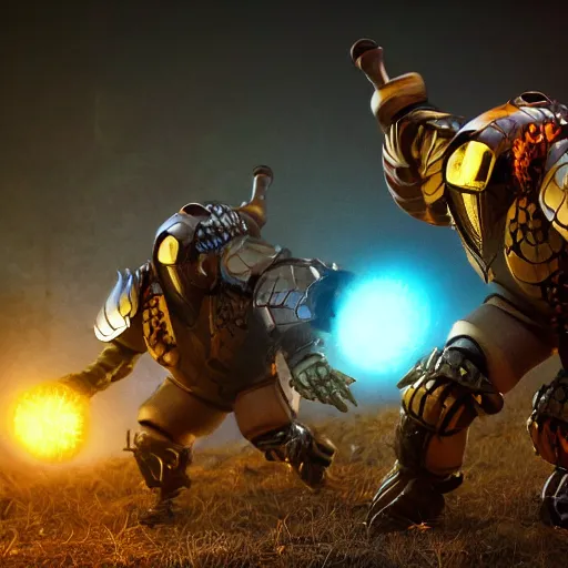 Image similar to highly detailed octane render of giant glowing insects chasing short fat men with giant beards who each hold a gun and wear armour. Depth of field