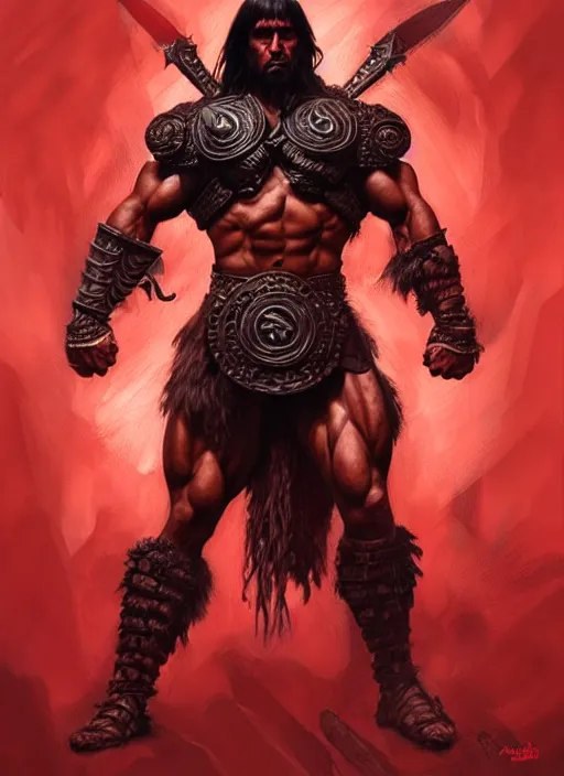 Image similar to portrait of aggresive conan the barbarian, d & d, muscular! athetic slim bodybuilder, red and black, futuristic, fantasy, intricate, elegant, highly detailed, digital painting, artstation, concept art, smooth, sharp focus, illustration, art by artgerm and greg rutkowski and alphonse mucha