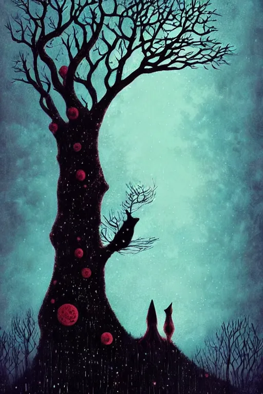 Prompt: surreal, fantasy, fairytale animals, haunted woods in silhouettes, by andy kehoe