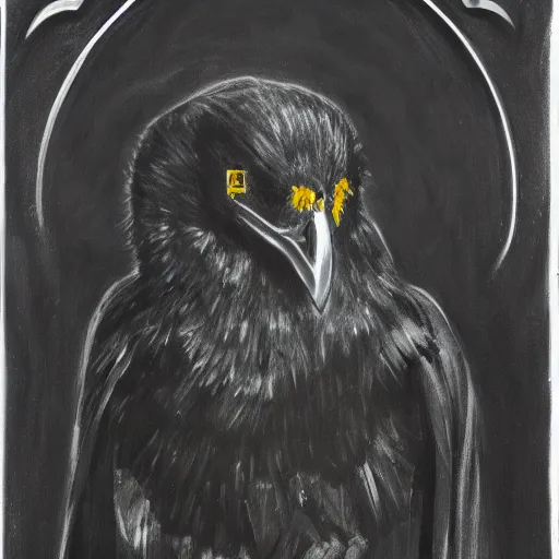 Image similar to portrait of a raven in a vantablack cloak and holding a symbolic weapon. portrait hung up in a windows 9 8 castle. r / oldschoolfantasy