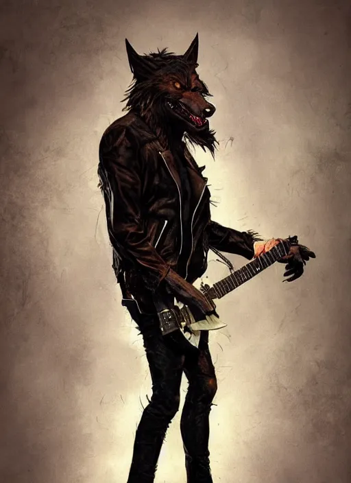 Prompt: full body werewolf rockstar, leather jacket, electric guitar, digital painting, artstation, concept art, smooth, sharp focus, illustration, art by simon bisley and greg rutkowski and alphonse mucha