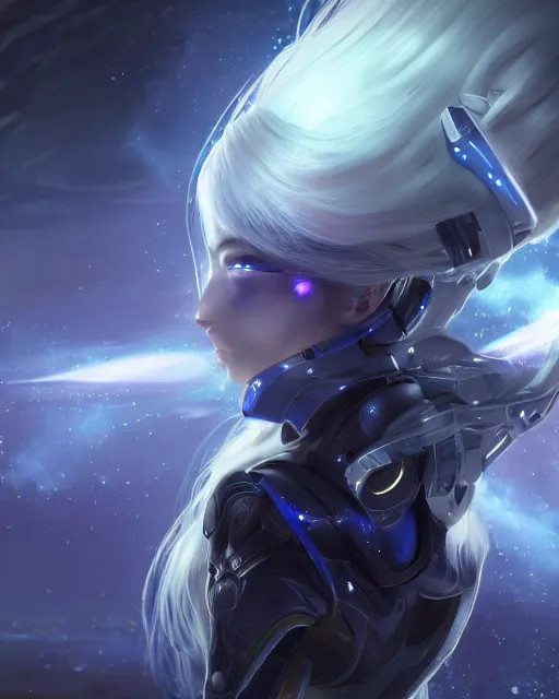 Image similar to perfect android girl on a mothership, warframe armor, beautiful face, scifi, futuristic, galaxy, raytracing, dreamy, digital painting, long white hair, blue cyborg eyes, atmosphere, sharp focus, nebula, highly detailed, artstation, intricate, innocent, art by gauthier leblanc, kazuya takahashi, huifeng huang