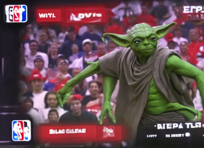 Image similar to ESPN still of Yoda playing in the nba playoffs live on espn, 4k