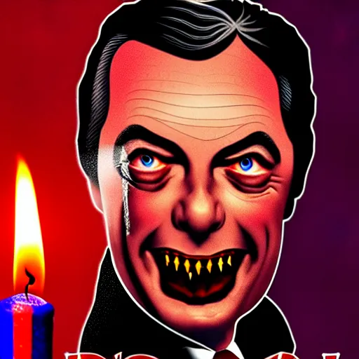 Prompt: nigel farage as count dracula, dramatic movie poster, candle light, digital art, detailed, dark intense colors