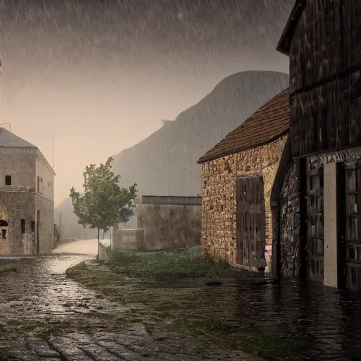 Image similar to the center of a poor medieval town under heavy rain at late dawn, in a valley, surrounded by mountains, highly detailed, octane render, ultra detailed cinematic, 8 k, widescreen, 1 6 : 9, hd