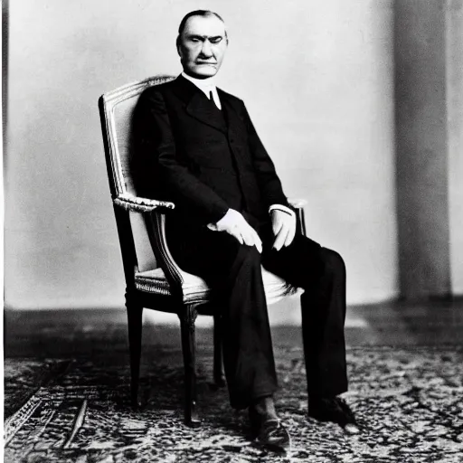 Prompt: photography of mustafa kemal ataturk sitting on a fancy chair, vintage, professional photography