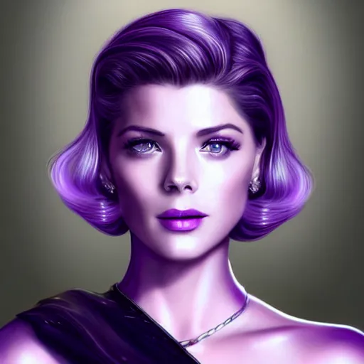 Image similar to A combination of Grace Kelly's and Katheryn Winnick's and Ashley Greene's faces with short violet hair as Cortana, cyberpunk style, synthwave aesthetic, fantasy, intricate, elegant, highly detailed, digital painting, artstation, concept art, matte, sharp focus, illustration, half body portrait, anime style, art by Artgerm and Greg Rutkowski and Alphonse Mucha