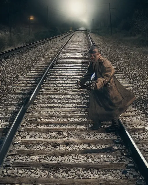 Prompt: justin sun tied with rope to train tracks, beautiful cinematic lighting, epic composition, train headlight