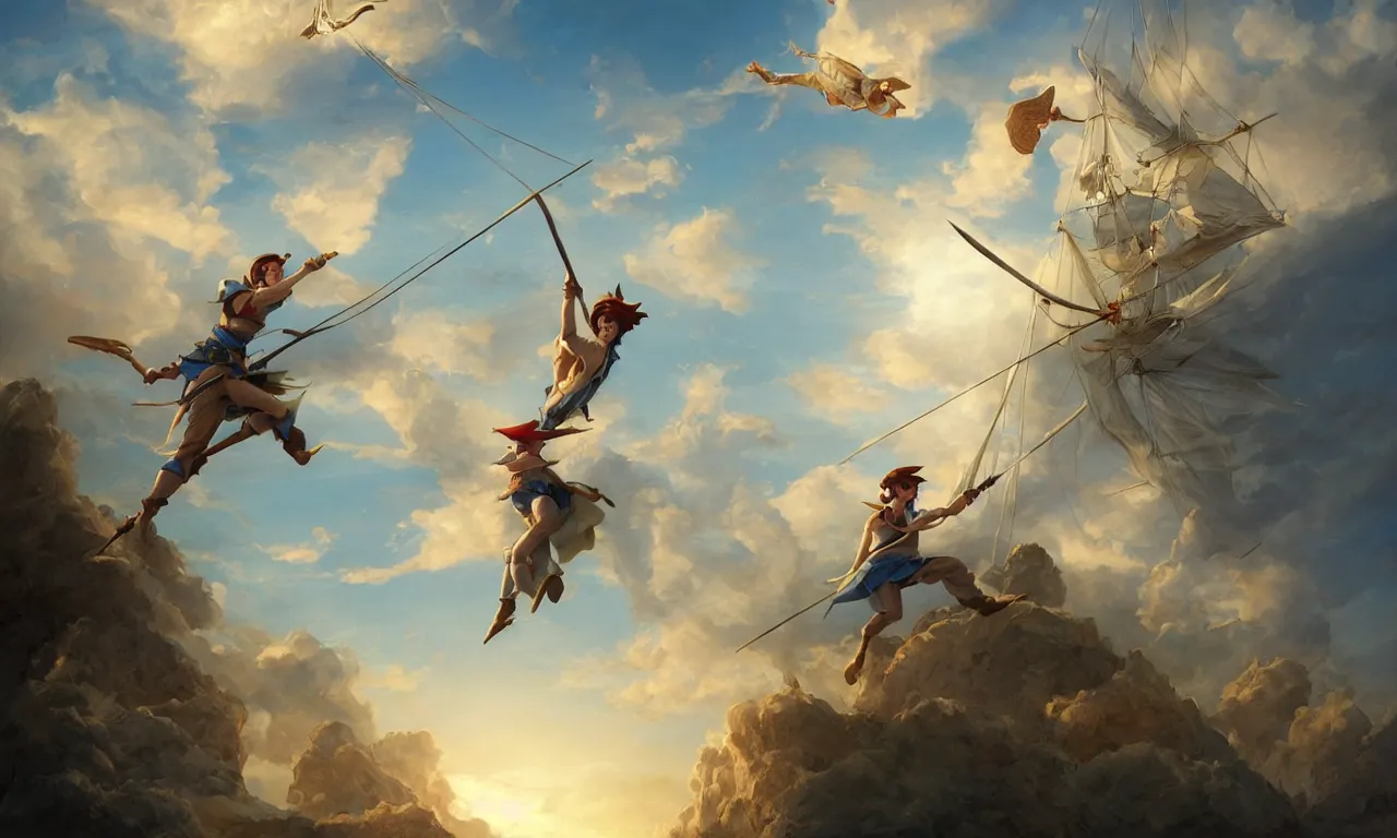 Image similar to a beautiful digital painting of peter pan sword fighting with hook, disney, a white caravel flying in the clouds, birds in the sunlight, numerous golden ropes and sails, blue sky at sunset, elegant, highly detailed, artstation, concept art, matte, sharp focus, art by tom bagshaw, kelogsloops and greg rutkowski