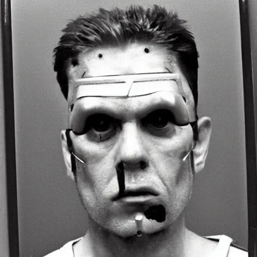 Image similar to grainy photo of an ugly man, wearing bionic implants, cyborg criminal, mugshot background