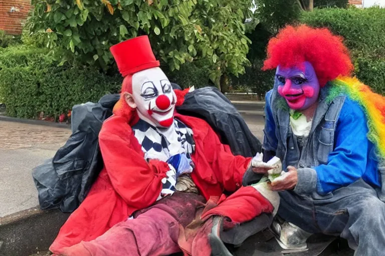 Prompt: a clown trying to make a homeless guy happy