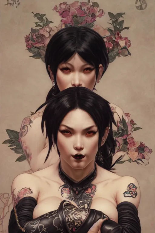 Prompt: portrait of goth Chun Li with yakuza tattoos, Street fighter, highly detailed, digital art from artstation by Ruan Jia and Mandy Jurgens, Alphonse Mucha and Artgerm and william-adolphe bouguereau