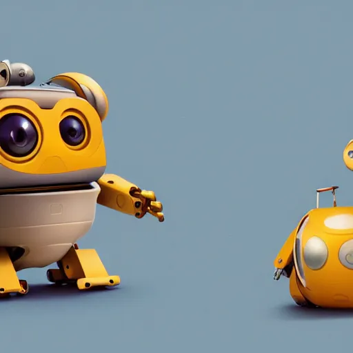 Prompt: two small chubby bots, colourful, smooth panelling,, intricate detail, pushing a battery, style of cute pokemon, with damaged rusty arms, broken antenna, recycled, floating, white studio, oil, mechanical, cute toy, wall - e, ambient light, in the style of pixar animation, pokedstudios, hyperdetailed, blender, octane render, 8 k,