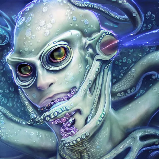 Prompt: eyes, tentacle-enabled underwater human descendant, futuristic painting by amano yoshitaka, dagon, hd 8k