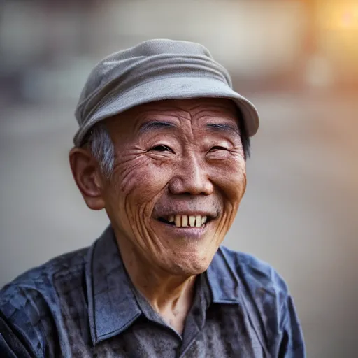 Image similar to a character portrait photo of a smiling old japanese man, hopeful, photojournalism, war photography, adobe, canon, nikon, flickr contest winner, neo-expressionism, art photography, busy background, hyperrealism, chiaroscuro, anamorphic lens flare, elegant, shallow depth of field, haze, volumetric lighting, photo taken with provia, 24mm, f1.8, by Filip Hodas, by Andrew Domachowski