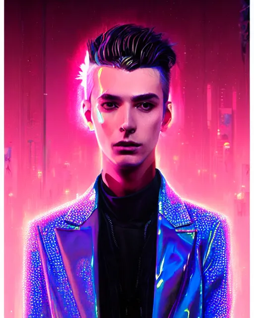 Image similar to detailed portrait of European Pale Blonde hair Stylish Guy Sheen Holographic Jacket coat, Futuristic sci-fi fashion, royal attire Akira, Evangelion, cyberpunk, neotokyo, synthwave, aesthetics, futuristic, low-emission-neon, bladerunner movie scene by ismail inceoglu dragan bibin hans thoma greg rutkowski Alexandros Pyromallis Nekro Rene Margitte illustrated Perfect face, fine details, realistic shaded, fine-face, pretty face sharp chine